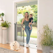 Perma Child Safety Retractable Baby Gate, 36 in H, 71 in W, Manual Tensioning, 3-Way Locking, Gray