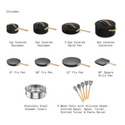 Beautiful by Drew Barrymore 18-Piece EverGood Ceramic Nonstick Cookware Set with Strainer Lids and Utensils, Black Sesame, Gold Handles, Oven Safe 29333