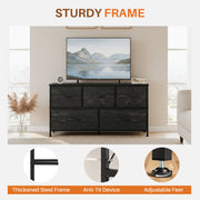 Zunmos Concetta Dresser with 5 Fabric Drawers, Soft Close, Black Wood Top, Metal Frame, Adjustable Feet