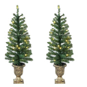 Holiday Time Pre-Lit Artificial Porch Christmas Trees, Set of 2, 3.5 ft, Green, 35 Warm White LED Lights, 90 Branch Tips, Plastic Planter Bases
