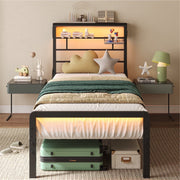 Bestier Twin Size Metal Platform Bed Frame w/LED Headboard, Built-In Charging Station, Black