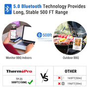 ThermoPro TP25W Bluetooth Grill Meat Thermometer, 4 Stainless Steel Probes, 650ft Wireless Range, Backlit LCD Display, Rechargeable Battery, Black/Red