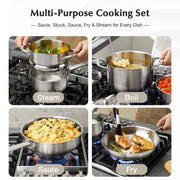 Koch Systeme CS 10 Piece Stainless Steel Cookware Set with Tempered Glass Lids, Oven Safe, Induction Compatible, Silver Finish, 98551