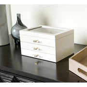Hives and Honey 1321-694 Dani White Jewelry Box with Glass Top, 2 Drawers, Gold Acrylic Hardware, Ring Rolls, Divided Compartments, Anti-Tarnish Felt, 8.5 in