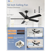 Zardon 52 Inch Ceiling Fan with Dual-Tone Black and Walnut Blades, Ultra-Quiet DC Motor, 6 Speeds, Dimmable LED Light with 3 Color Temperatures, Remote Control, Timer Function