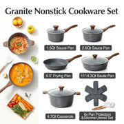 SENSARTE SA-YJ7-5GREY-SET Nonstick Pots and Pans Set, 17 Pieces Non Stick Granite Cookware Set, Gray, PFOA Free