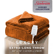Sunbeam Heated Electric Luxe Plush Throw Blanket, Luxury Collection, Gingerbread, 50 x 70 in, 4 Heat Settings