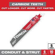 Milwaukee Reciprocating Saw Blade, 6 in, 10 TPI Torch Carbide Teeth Metal Cutting, 5-Pack, 48-00-5551