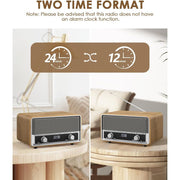 Audiocrazy Retro AM FM Clock Radio with Bluetooth 5.0, Digital LED Display, Sleep Timer, 40 Preset Stations, Brown Wooden Tabletop