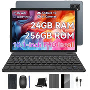 KINGRID T20 Tablet, 24GB RAM, 256GB Storage, 10.1 Inch HD IPS Display, 5000mAh Battery, Android 16, Gray, Includes Keyboard, Stylus, Mouse, Leather Case