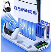 Qixun Tech PS5 Stand Cooling Fan with Dual Controller Charger Dock and Headset Holder, White, Compatible with PS5 Slim Digital Disc Pro, Q183