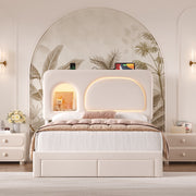 Hiphuta Full Size Velvet Upholstered Bed Frame with Storage Headboard, 2 Rolling Drawers, RGB LED Lighting, USB Charging Station, White