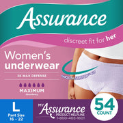 Assurance 10007870 Womens Incontinence & Postpartum Underwear, L, Maximum Absorbency (54 Count)