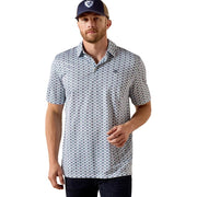 Ariat Men's All Over Print Polo Shirt, Short Sleeve, White Southwest Print, Moisture Wicking, UPF 50 Protection, 10071493