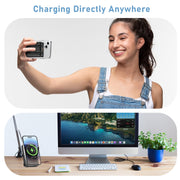 Yelomin Magnetic Portable Charger Power Bank, 10000mAh Battery, Built-In USB-C and Lightning Cables, Foldable Stand, 22.5W Fast Charging, Black
