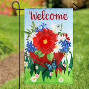 Meadow Creek Welcome Wheelbarrow Flower Yard Flag 11.5in x 18in