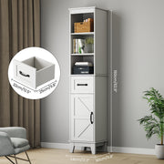 IDEALSOUL Tall Bathroom Storage Cabinet, Narrow Freestanding Linen Cabinet with Barn Door, Drawer, White