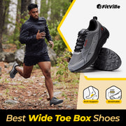 FitVille Mens Trail Running Shoes, Extra Wide, Arch Support, Black Gray, Lace-Up Sneakers, AllTraction Trail V3