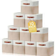 Unbranded 10 Pcs Collapsible Linen Storage Bins with Metal Handles, Foldable Fabric Rectangle Organizer for Home Closet Nursery, Beige and White, 12 x 12 x 12 in
