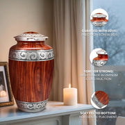 Americurn Wooden Grain Cremation Urn Set, Large Adult Urn, 4 Mini Keepsake Urns, Ash Necklace, Warm Wood Grain Finish