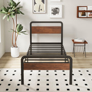 Lutown-Teen Twin XL Bed Frame, 12 Inch Metal Platform with Mahogany Wood Headboard and Footboard, Supports 1500 lb, No Box Spring Needed, Easy Assembly