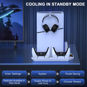 Qixun Tech PS5 Stand Cooling Fan with Dual Controller Charger Dock and Headset Holder, White, Compatible with PS5 Slim Digital Disc Pro, Q183