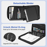 MoKo Zipper Binder, 2-Inch Round Ring, 500-Sheet Capacity, Multi-Pocket Organizer with 6-Tab Expanding File, Adjustable Shoulder Strap and Handle, Black