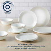 Corelle Hushed Lines 12-Piece Dinnerware Set, Durable Triple-Layer Vitrelle Glass, Oat Beige, Service for 4, 3606AB