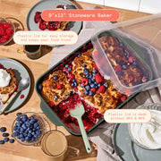 Beautiful 12-Piece Stoneware Bakeware Set with Acacia Wood Tools, Thyme Green, Oven Safe to 450F, Ceramic Crock, 29116