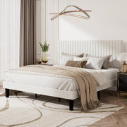 Amolife King Size Upholstered Platform Bed Frame with Adjustable Vertical Channel Tufted Velvet Headboard, Off-White, 7.9 in Under-Bed Storage