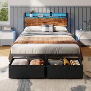 Satifur HK-BF-001V1 Full Bed Frame with 2 Storage Drawers, Built-In Charging Station, RGB LED Lighting, Brown