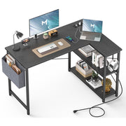 Mr IRONSTONE 47 Inch L-Shaped Desk with Built-in Power Outlets and USB Ports, Reversible Shelving, Adjustable Storage, Black