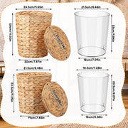 Topekada 2 Pack Wicker Trash Cans with Removable Lids and Liners, 1.9 and 2.7 Gallons, Handmade Woven Wastebaskets with Stainless Steel Frames, Yellow