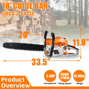 KingFurt Gas Chainsaw, 58CC 2-Cycle Engine, 18-Inch Bar, Lightweight with Ergonomic Grip and Smart Start Technology