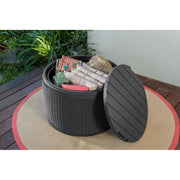 Keter Circa 37 Gallon Round Resin Deck Box with Rattan Texture, Weather-Resistant Outdoor Storage and Seating Bench, Grey, 243554