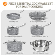 Michelangelo Stone Cookware Set, 10 Piece, Ultra Nonstick Granite Coating, Aluminum Pots and Pans, Oven Safe to 400F, Induction Compatible