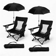 Walchoice 2 Pack Folding Beach Chair with Adjustable Umbrella, Oversized 30.7-Inch Wide Seat, Cup Holder, Carry Bag, Black