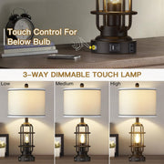 Cinkeda Modern Table Lamps Set of 2, Black Industrial Metal Frame, Beige Linen Shade, 3-Way Dimmable Touch Nightlight, USB A+C Ports, AC Outlet, 25.3 in WM-TD242