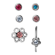 Body Jewelry Q1293991.HF Women's 16G Surgical Steel Crystal Flower Nose Studs and Pink Hoop, 6 Pack
