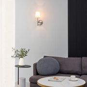 Better Homes & Gardens Meadowood Indoor Wall Sconce, Satin Nickel Finish, White Fabric Shade, Dimmable LED Bulb Included, 52049