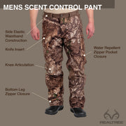 Realtree Men's Scent Control Hunting Pants, Real Tree APX Camouflage, Relaxed Fit, High Rise, Full Length, Adjustable Waistband, Zippered Pockets, WP10133-M-9T6