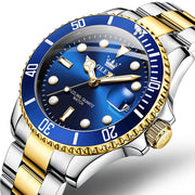 OLEVS Classic Dress Men's Wristwatch, Two-Tone Gold Plated Stainless Steel Bracelet, Blue Dial, Analog Quartz Movement, Date Display, Waterproof, Luminous Hands, 5885