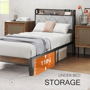 EDX Twin Bed Frame with Cushioned Headboard, Integrated Charging Station, Adjustable Height, Gray Wood Finish, Spacious Underbed Storage