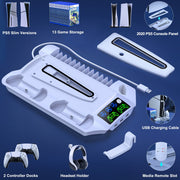 Qixun Tech PS5 Stand Cooling Fan with Dual Controller Charger Dock and Headset Holder, White, Compatible with PS5 Slim Digital Disc Pro, Q183