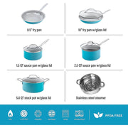 Gotham 10 Piece Pots and Pans Cookware Sets, Aqua Blue - 100% PFOA Free