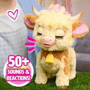 Just Play FurReal Maggie Feed & Follow Cow, 11 Inch Interactive Plush Mini Highland Cow, Reddish-Orange with Blue Collar