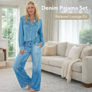 Womens Denim Pajamas Set, Soft Stretch Milk Silk and Spandex Fabric, Relaxed Fit Top, Flowing Lounge Pants