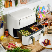 Made By Gather Beautiful 9 Qt TriZone Dual Basket Air Fryer with EverGood Ceramic Nonstick Coating, Touchscreen Control, White Icing, 1200W, 29063