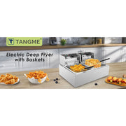Tangme Commercial Deep Fryer, 3400W Electric Countertop, Dual Basket, 18L Capacity, Black Stainless Steel, Temperature Limiter