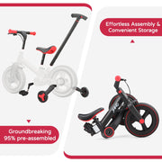 JMMD Toddler Bike, 6-in-1 Foldable Balance Bike with Push Handle, Training Wheels, Adjustable Seat and Handbrake, 12-Inch Wheels, Black, S900Black